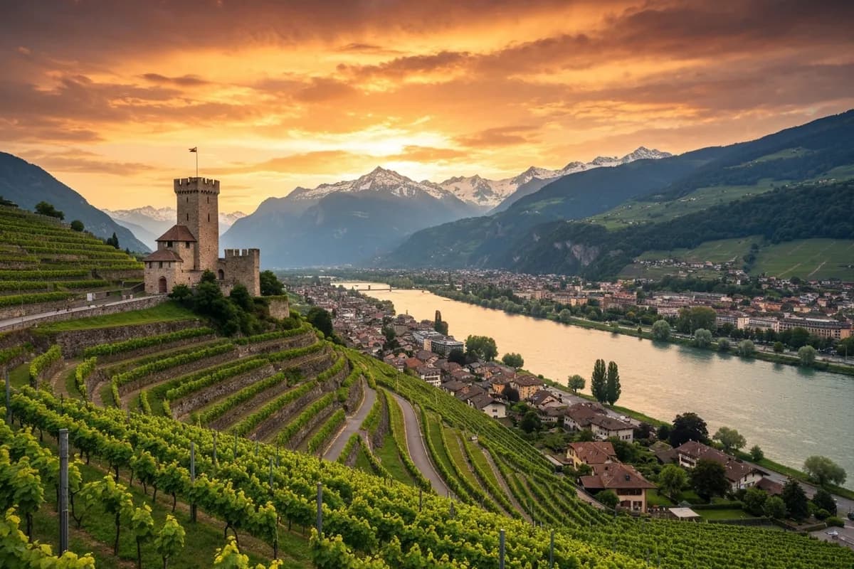 Martigny au coude du Rhône avec la tour de la Bâtiaz et les vignobles en terrasses