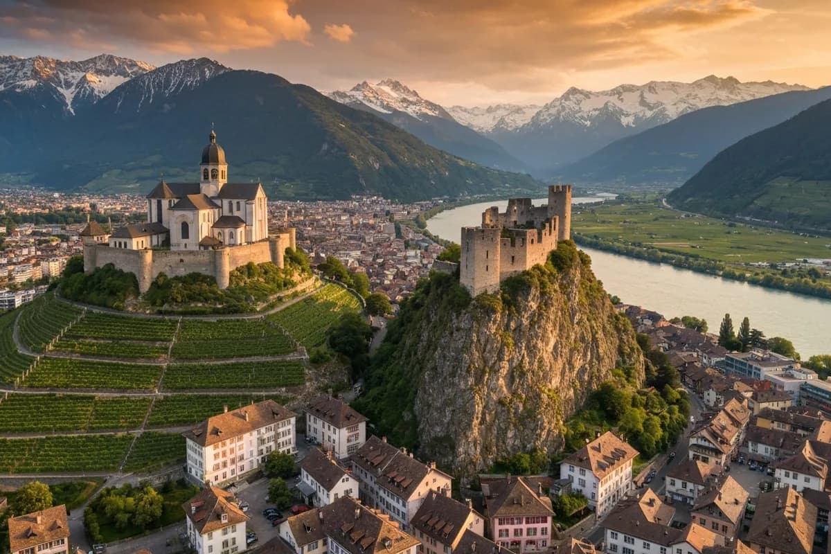 Sion et ses collines de Valère et Tourbillon, capitale du Valais