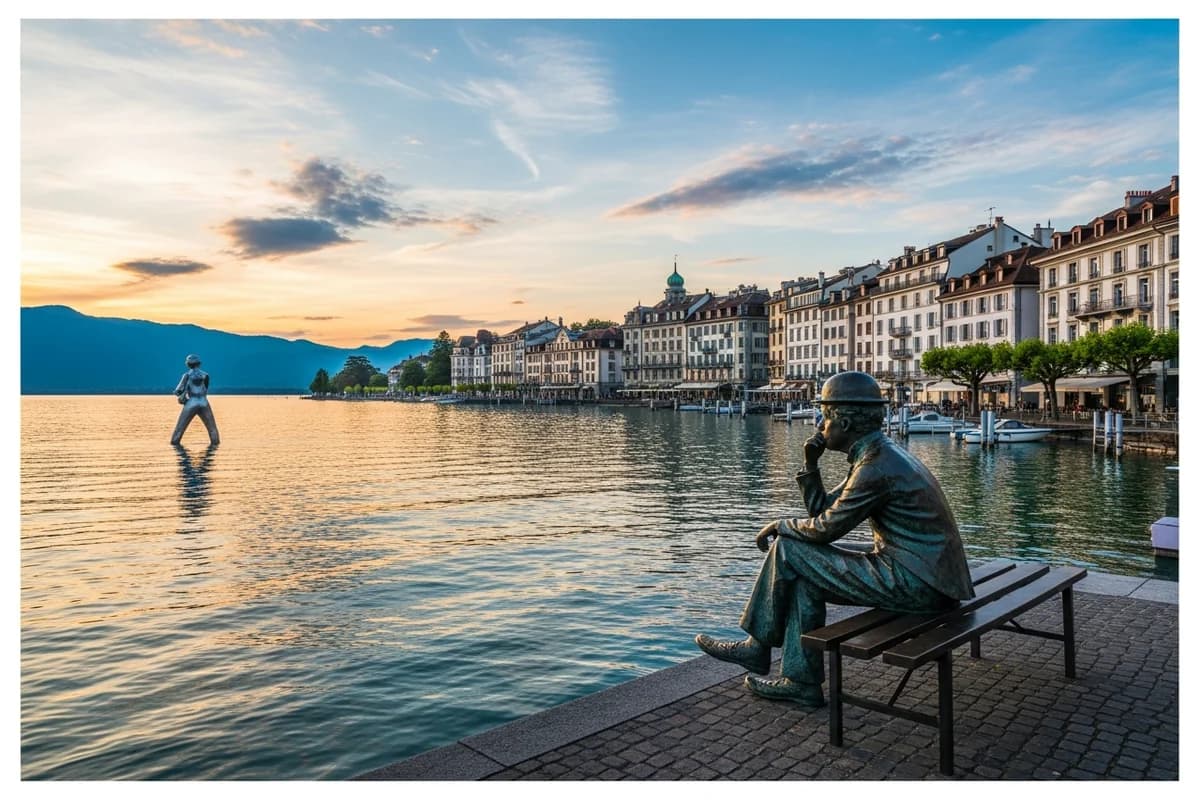 Vevey et ses quais avec la statue de Charlie Chaplin sur le Léman